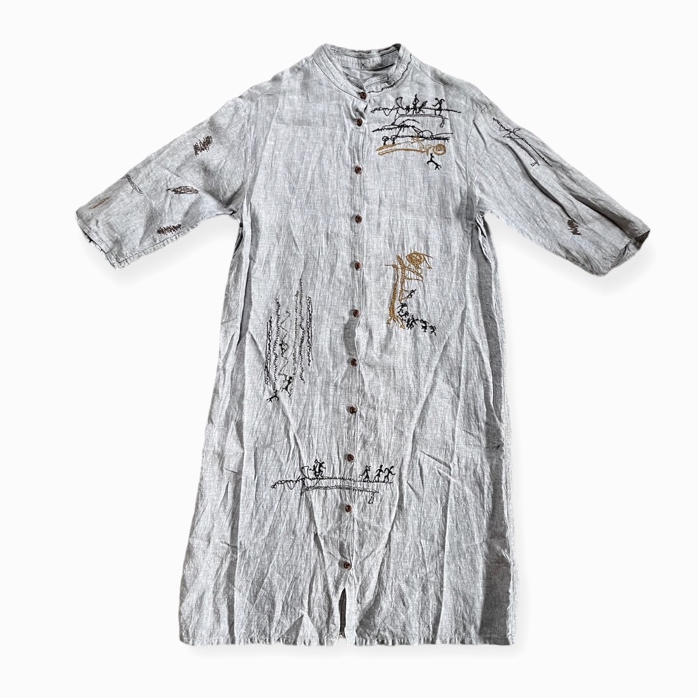Gorgeous Donoratico Brand Grey Linen Embroidered Dress, sz Medium